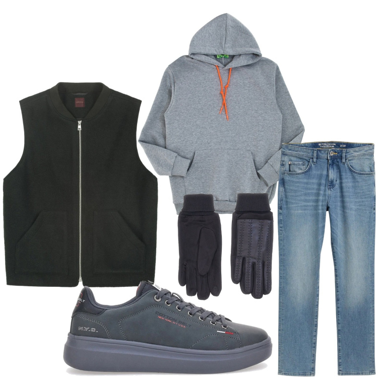 Outfit uomo - Felpa e gilet. Stile Trendy per Tutti i giorni. Abbinamento con jeans slim fit, felpe con cappuccio, guanti, sneakers, piumini.