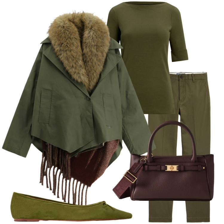 Outfit donna - Velvet green. Stile Casual chic per Tutti i giorni. Abbinamento con cappotti, borse a mano, pantaloni chino, t-shirt, ballerine.