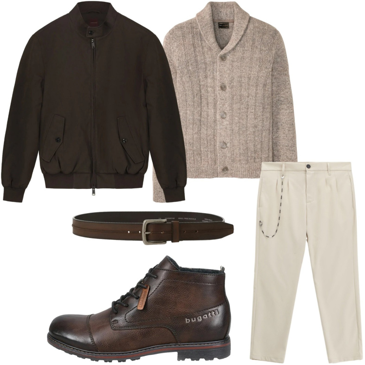 Outfit uomo - Look coerente. Stile Trendy per Ufficio. Abbinamento con cardigans, pantaloni, cinture, stivali e stivaletti, bomber.