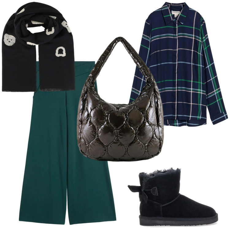 Outfit donna - Sportiva in verde. Stile Sporty chic per Tutti i giorni. Abbinamento con pantaloni culotte, camicie, sciarpe, borse tote, stivaletti.