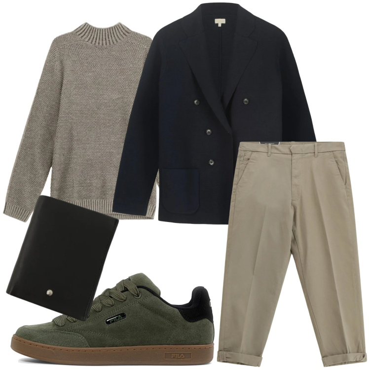 Outfit uomo - Guardaroba invernale. Stile Casual per Tutti i giorni. Abbinamento con pantaloni chino, maglieria, portafogli, giacche, sneakers.