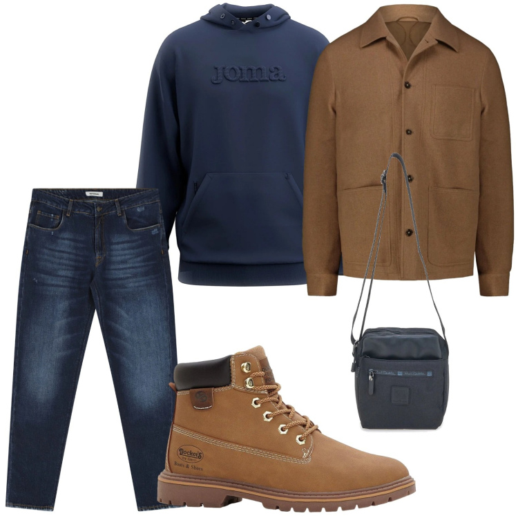 Outfit uomo - Mix invernale. Stile Trendy per Tutti i giorni. Abbinamento con stivali e stivaletti, jeans dritti, portafogli, cappotti, felpe con cappuccio.