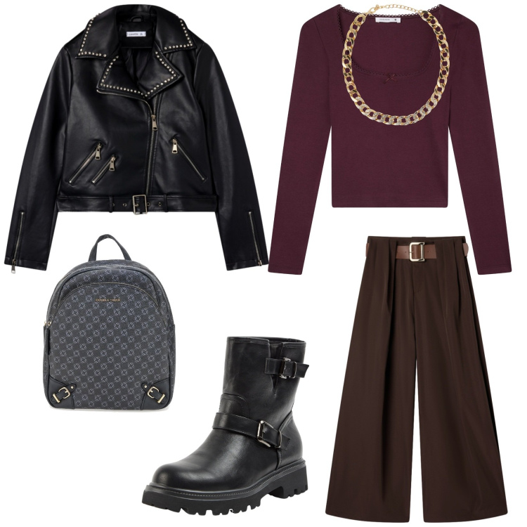 Outfit donna - In libertà. Stile Basic per Tutti i giorni. Abbinamento con t-shirt, stivaletti, giacche, collane, pantaloni, zaini.