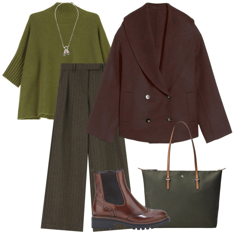 Outfit donna - Velvet green. Stile Urban per Tutti i giorni. Abbinamento con caban, pantaloni a palazzo, maglieria, ciondoli, borse tote, stivaletti chelsea.