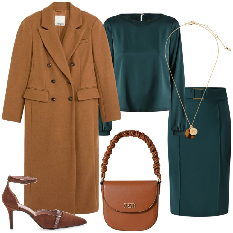 Outfit donna - Total look #2299039. Stile Chic per Ufficio. Abbinamento con cappotti, gonne, borse a mano, bluse, collane, décolleté.