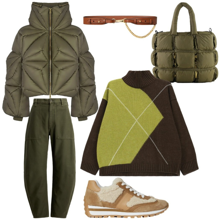 Outfit donna - Avvolgente verde bosco. Stile Casual chic per Tutti i giorni. Abbinamento con maglieria, pantaloni, sneakers, cinture, piumini, borse a mano.