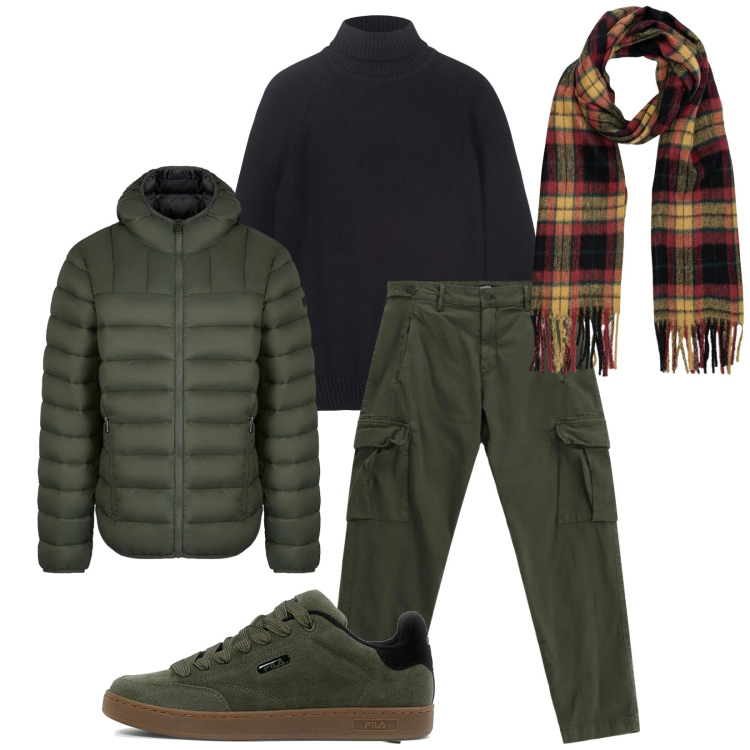 Outfit uomo - Total look #2299041. Stile Trendy per Tutti i giorni. Abbinamento con pantaloni cargo, piumini, sciarpe, sneakers, pullovers.