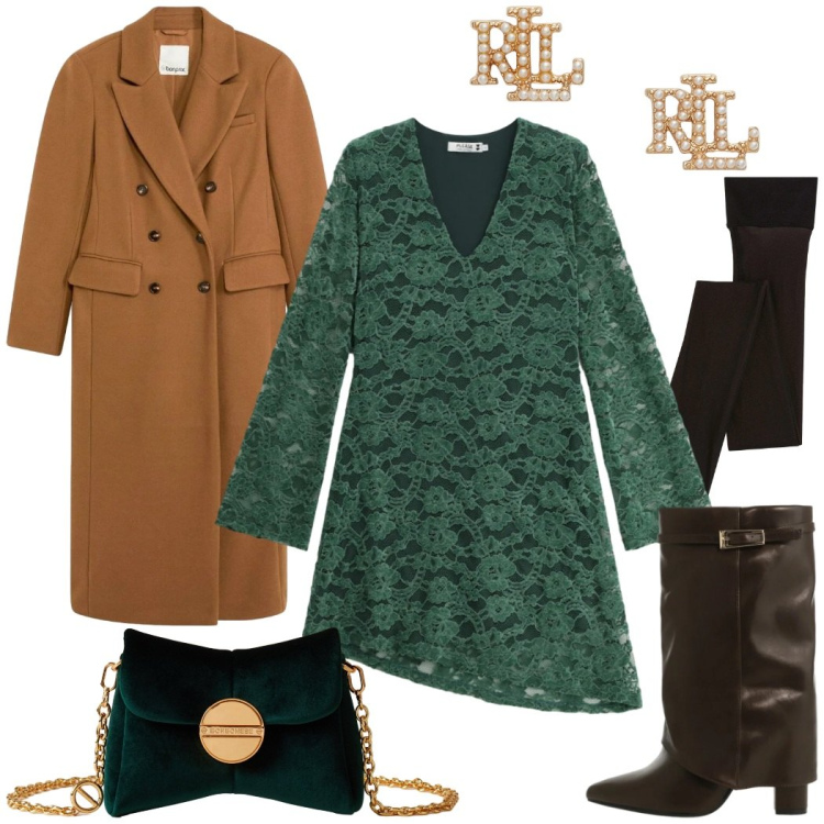 Outfit donna - Velvet green. Stile Chic per Serata fuori. Abbinamento con cappotti, collant, vestiti corti, stivali, borse a tracolla, orecchini.