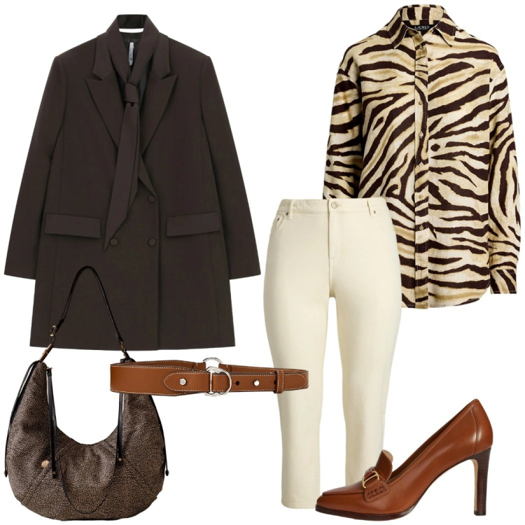 Outfit donna - Total look #2299043. Stile Chic per Ufficio. Abbinamento con vestiti corti, borse a spalla, jeans dritti, cinture, décolleté, camicie.