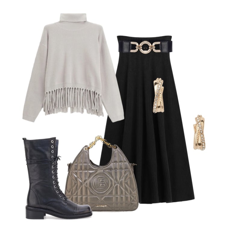 Outfit donna - Maglione e gonna morbidi. Stile Casual chic per Tutti i giorni. Abbinamento con maglieria, cinture, gonne lunghe, orecchini, anfibi, borse a mano.