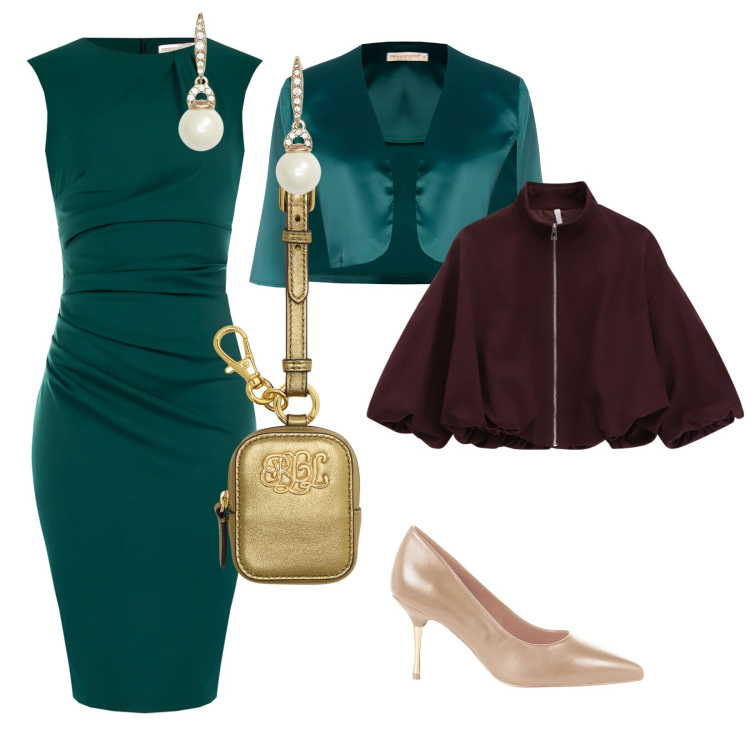 Outfit donna - Vigilia in verde. per Serata fuori. Abbinamento con vestiti a tubino, décolleté, bolero, bomber, orecchini, pochette.