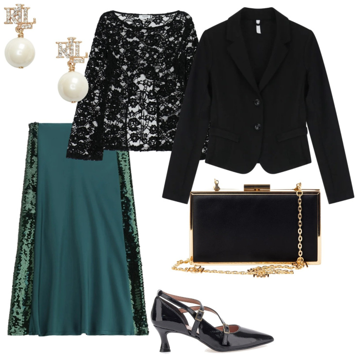 Outfit donna - Verde per le feste. per Serata fuori. Abbinamento con gonne lunghe, top, pochette, blazer, orecchini, décolleté.