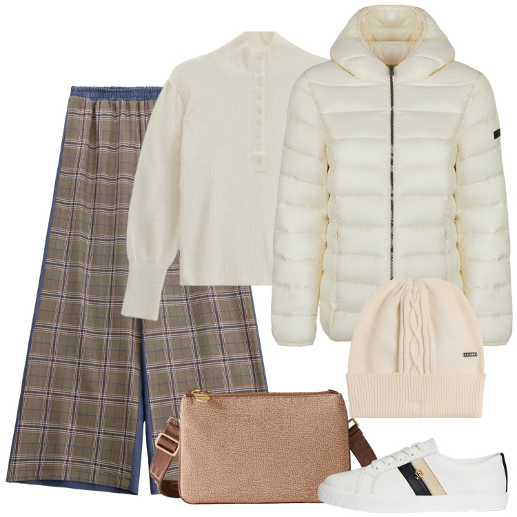 Outfit donna - I pantaloni scozzesi. Stile Casual per Scuola/Università. Abbinamento con pantaloni a palazzo, maglieria, berretti, blazer, borse a tracolla, sneakers.