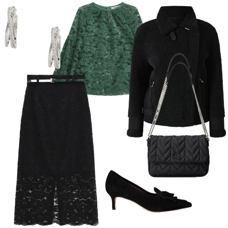 Outfit donna - Velvet green. per Cerimonia. Abbinamento con top, ecopellicce, gonne lunghe, orecchini, décolleté, borse a tracolla.