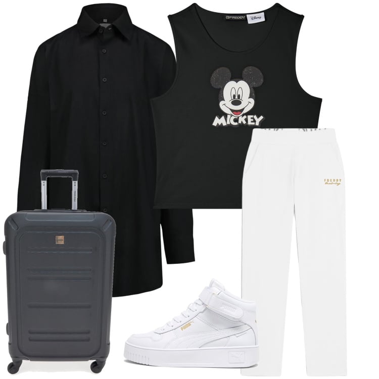 Outfit donna - In viaggio coí fumetti. Stile Casual per Tutti i giorni. Abbinamento con pantaloni, canottiere, camicie, sneakers, valigie.