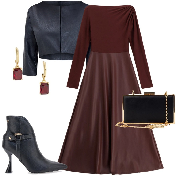 Outfit donna - Gift of style. Stile Chic per Serata fuori. Abbinamento con bolero, pochette, vestiti lunghi, orecchini, stivaletti.