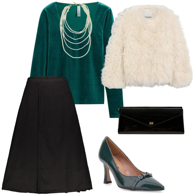 Outfit donna - Natale in verde. per Serata fuori. Abbinamento con ecopellicce, maglieria, pochette, collane, gonne lunghe, décolleté.
