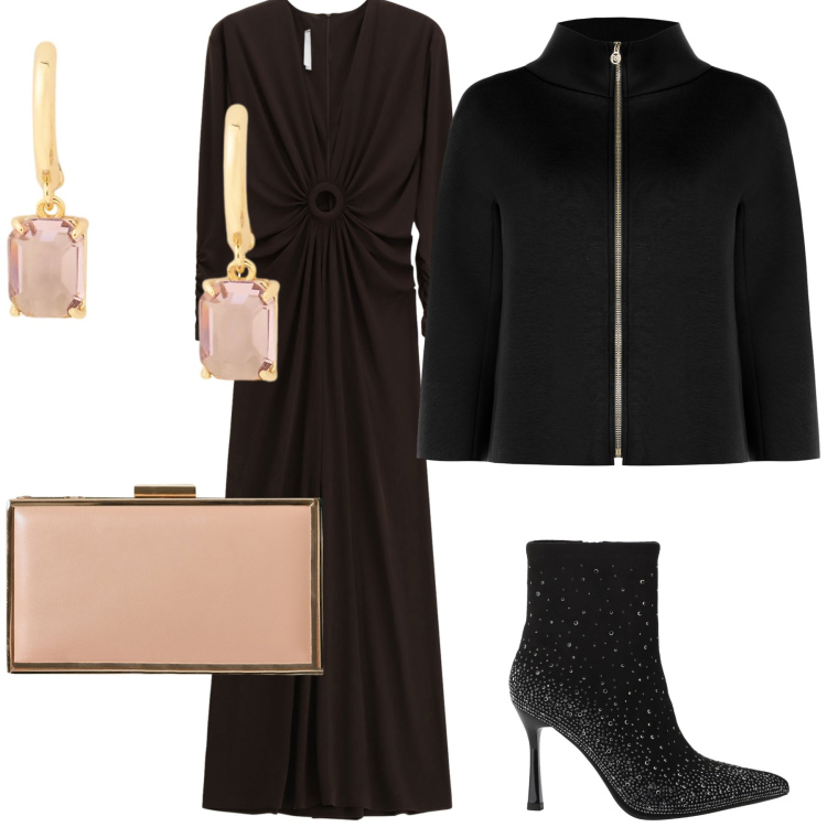 Outfit donna - Rosa e nero accostamento chic. Stile Chic per Serata fuori. Abbinamento con cappe, pochette, vestiti lunghi, stivaletti, orecchini.