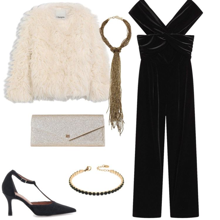Outfit donna - Serata in tuta. Stile Glamour per Serata fuori. Abbinamento con ecopellicce, tute, pochette, collane, braccialetti, décolleté.