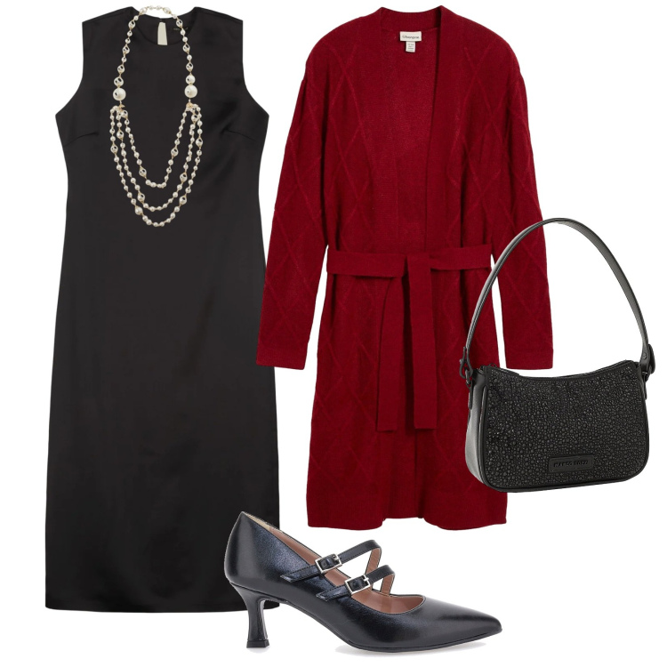 Outfit donna - Il tubino nero. per Serata fuori. Abbinamento con cardigans, borse a mano, collane, vestiti lunghi, décolleté.