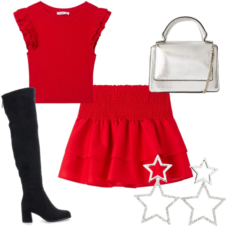 Outfit donna - Terranova Xmas: Natale in rosso. Stile Trendy per Serata fuori. Abbinamento con minigonne, t-shirt, orecchini, borse a tracolla, stivali sopra il ginocchio.