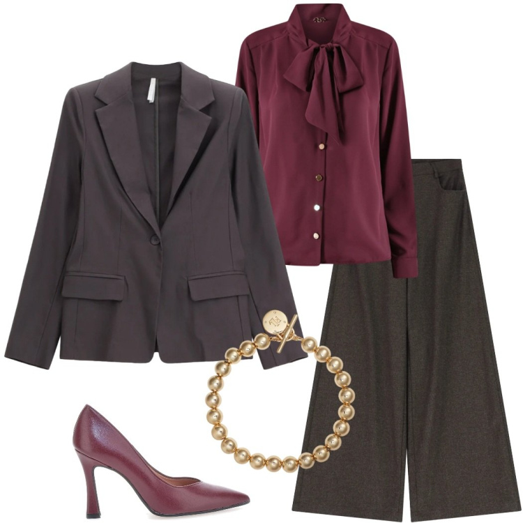 Outfit donna - Gift of style. Stile Chic per Serata fuori. Abbinamento con bluse, pantaloni a palazzo, blazer, braccialetti, décolleté.