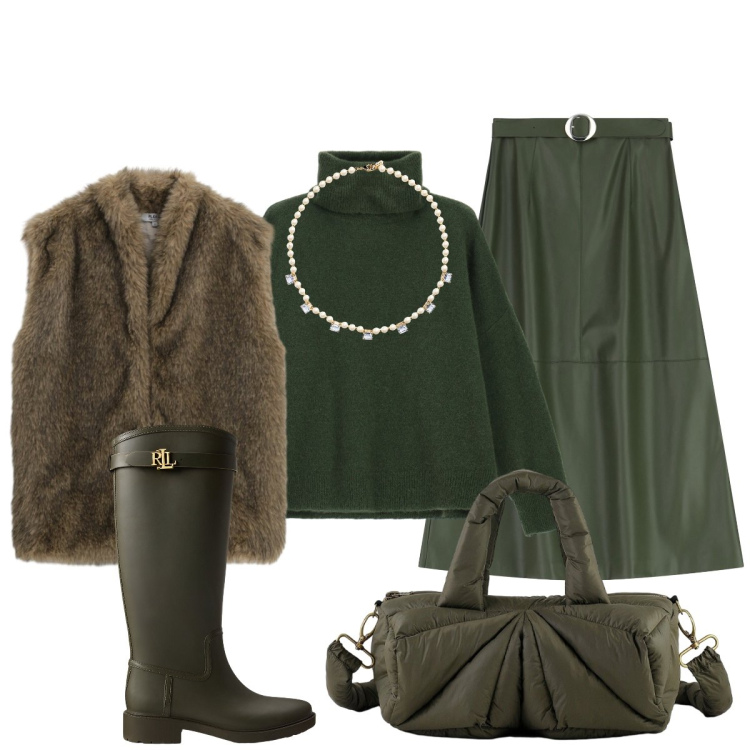 Outfit donna - In città. Stile Casual chic per Tutti i giorni. Abbinamento con blazer, maglieria, gonne lunghe, collane, stivali di gomma, borse a mano.