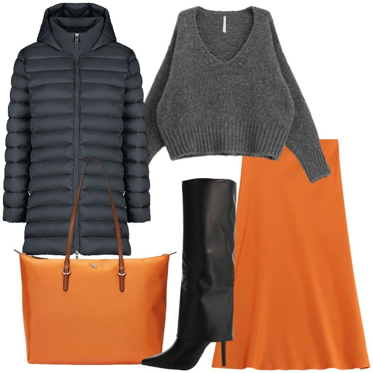 Outfit donna - Antracite e arancio. Stile Urban per Ufficio. Abbinamento con maglieria, gonne longuette, stivali, borse tote, piumini.