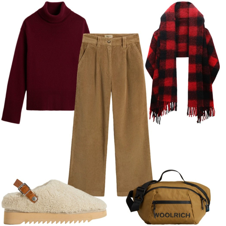 Outfit donna - Holiday Heritage : ti regalo la sciarpa. Stile Trendy per Tutti i giorni. Abbinamento con sciarpe, sabot, pantaloni, borse a tracolla, maglieria.