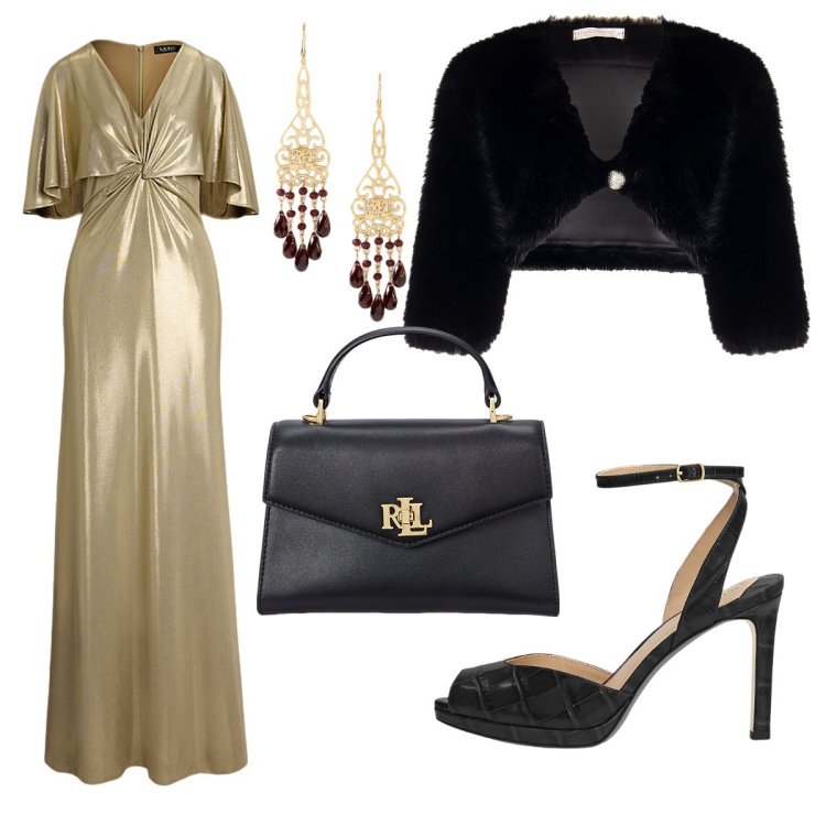Outfit donna - In abito da sera. Stile Chic per Serata fuori. Abbinamento con bolero, vestiti, borse a mano, sandali in pelle, orecchini.