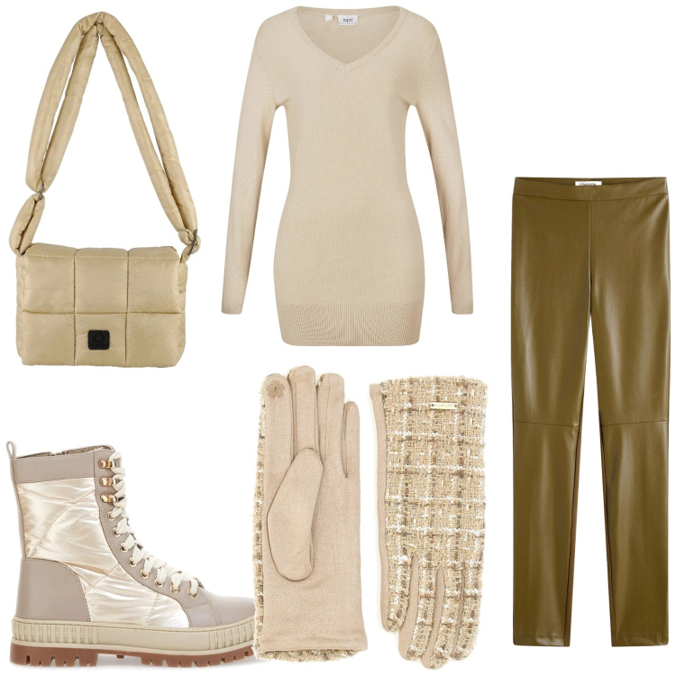Outfit donna - Il dorato che anticipa le feste. Stile Basic per Tutti i giorni. Abbinamento con maglieria, pantaloni, borse a spalla, stivaletti, guanti.