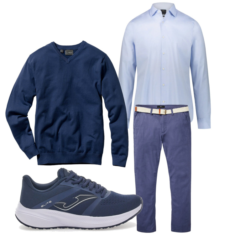 Outfit uomo - Inverno blu. Stile Casual per Tutti i giorni. Abbinamento con maglieria, pantaloni chino, camicie, sneakers.