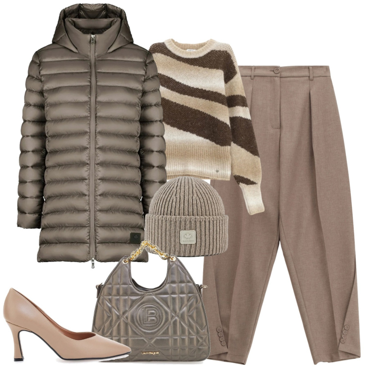 Outfit donna - Dicembre a spasso. Stile Urban per Tutti i giorni. Abbinamento con pullovers, pantaloni, cappelli, piumini, décolleté, borse a mano.