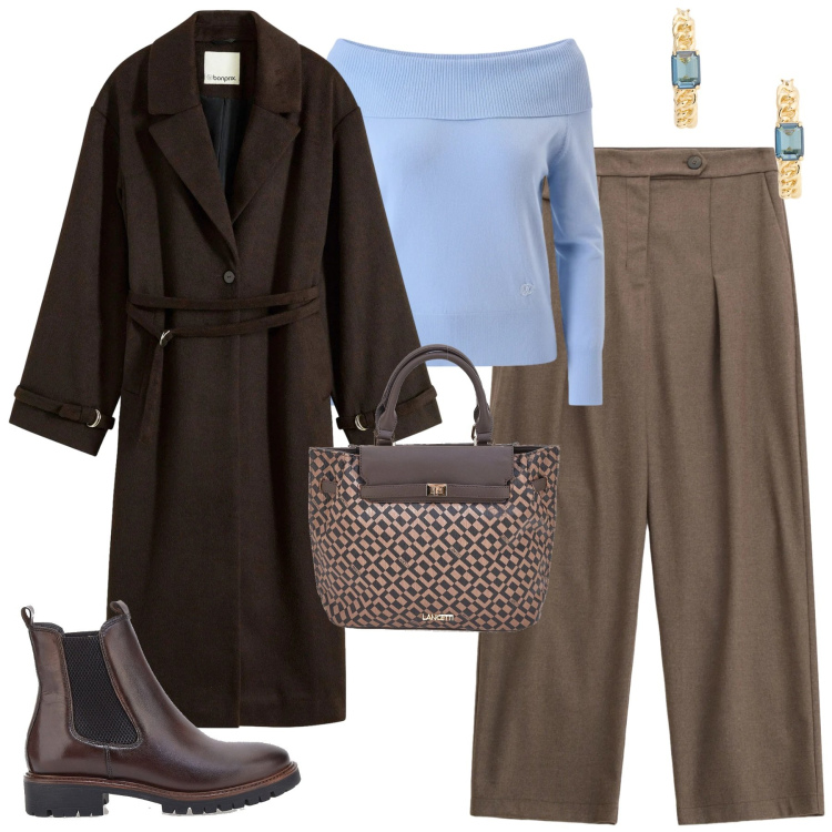 Outfit donna - Dicembre. Stile Urban per Tutti i giorni. Abbinamento con cappotti, pantaloni, pullovers, orecchini, stivaletti chelsea, borse a mano.