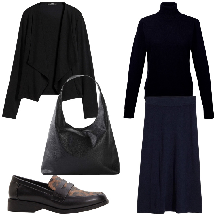 Outfit donna - Morbidamente. Stile Casual chic per Tutti i giorni. Abbinamento con gonne longuette, blazer, mocassini, maglieria, shopping bag.