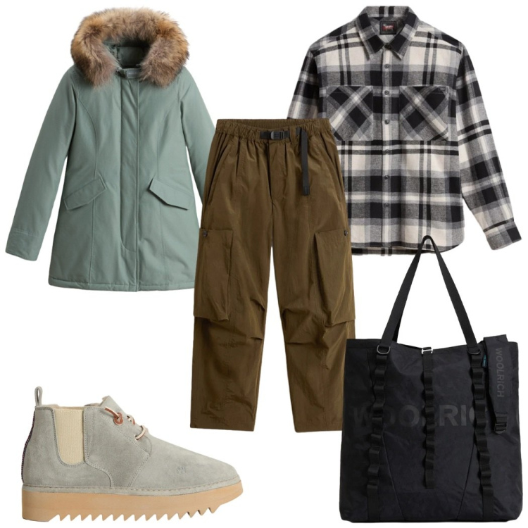 Outfit donna - Holiday Heritage: curvy. Stile Trendy per Tutti i giorni. Abbinamento con pantaloni cargo, parka, borse tote, stivaletti, camicie.