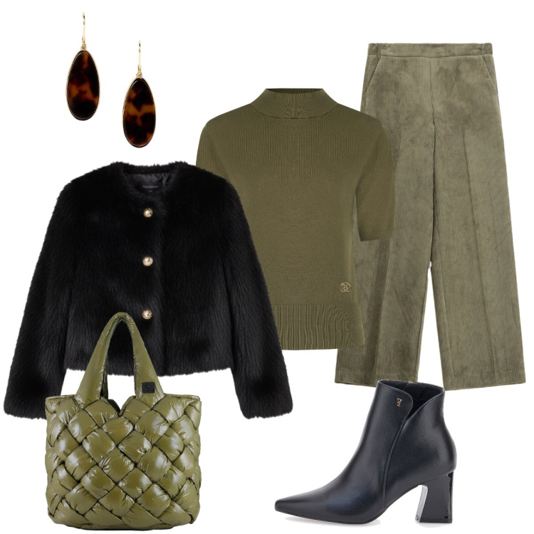 Outfit donna - L’energia del verde l’eleganza del nero. Stile Chic per Tutti i giorni. Abbinamento con pullovers, ecopellicce, pantaloni a palazzo, orecchini, borse tote, stivaletti.