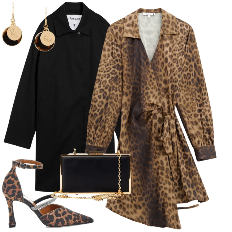 Outfit donna - Animalier. Stile Glamour per Serata fuori. Abbinamento con trench, vestiti corti, pochette, orecchini, décolleté.