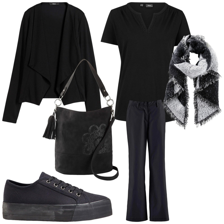 Outfit donna - A cena da Silvia. Stile Casual per Tutti i giorni. Abbinamento con pantaloni, maglieria, blazer, sneakers, sciarpe, borse a mano.