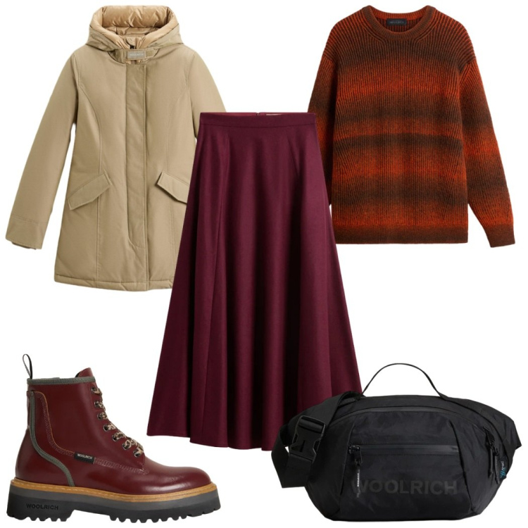 Outfit donna - Holiday Heritage: colori caldi. Stile Trendy per Tutti i giorni. Abbinamento con parka, anfibi, borse a tracolla, gonne lunghe, maglieria.