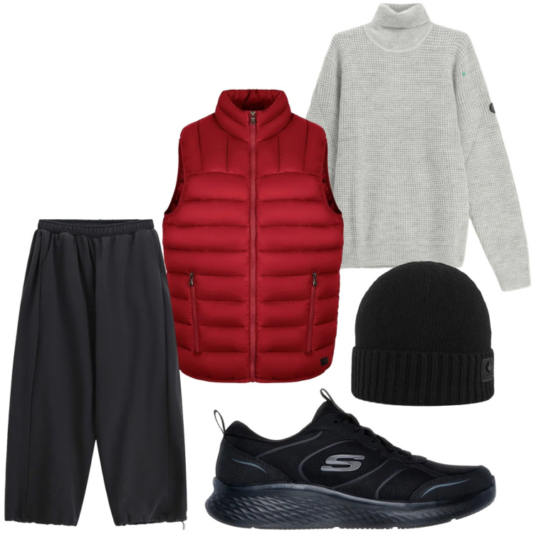 Outfit uomo - Un tocco di rosso. Stile Trendy per Tutti i giorni. Abbinamento con pantaloni, maglieria, gilet, berretti, sneakers.