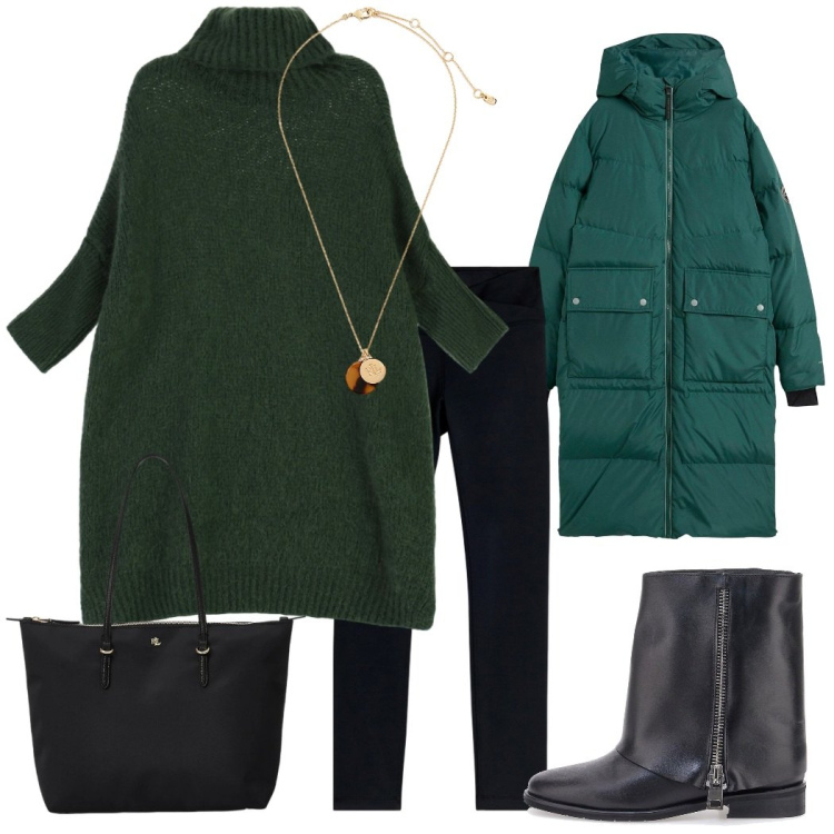 Outfit donna - Outfit verde bosco. Stile Casual chic per Tutti i giorni. Abbinamento con piumini, maglieria, leggings, borse tote, collane, stivaletti.
