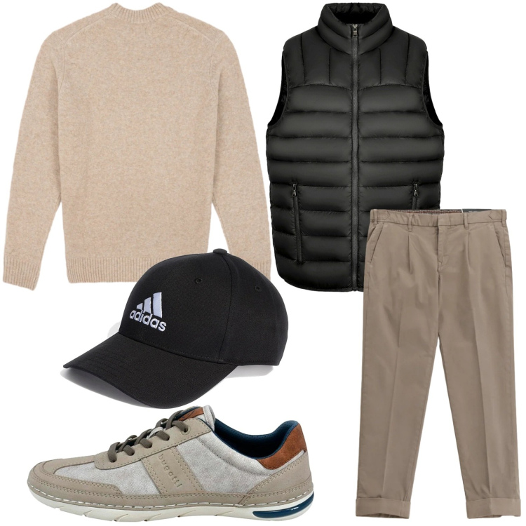 Outfit uomo - Le sneakers raffinate. Stile Urban per Tutti i giorni. Abbinamento con pantaloni chino, piumini, sneakers, cappelli con visiera, maglieria.