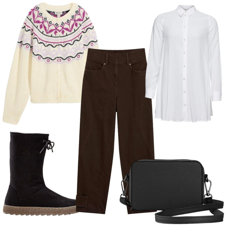 Outfit donna - Winter look, Xmas Mood : il maglione. Stile Casual per Tutti i giorni. Abbinamento con pantaloni, camicie, borse a tracolla, stivali, cardigans.