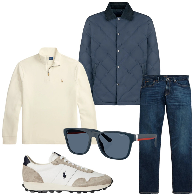 Outfit uomo - Il jeans versatile. Stile Casual per Tutti i giorni. Abbinamento con occhiali da sole, sneakers, jeans dritti, pullovers, giacche.