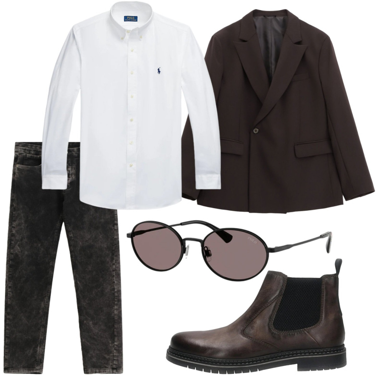 Outfit uomo - Equilibrio di eleganza. Stile Casual per Serata speciale. Abbinamento con giacche, pantaloni, camicie, occhiali da sole, stivali e stivaletti.
