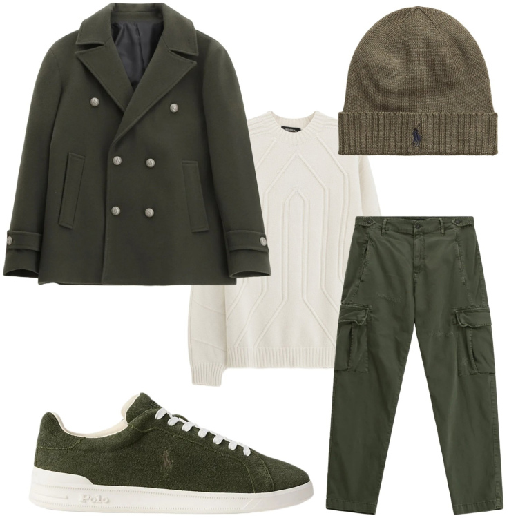 Outfit uomo - Abbigliamento quotidiano. Stile Trendy per Tutti i giorni. Abbinamento con cappotti, pullovers, pantaloni cargo, sneakers, berretti.