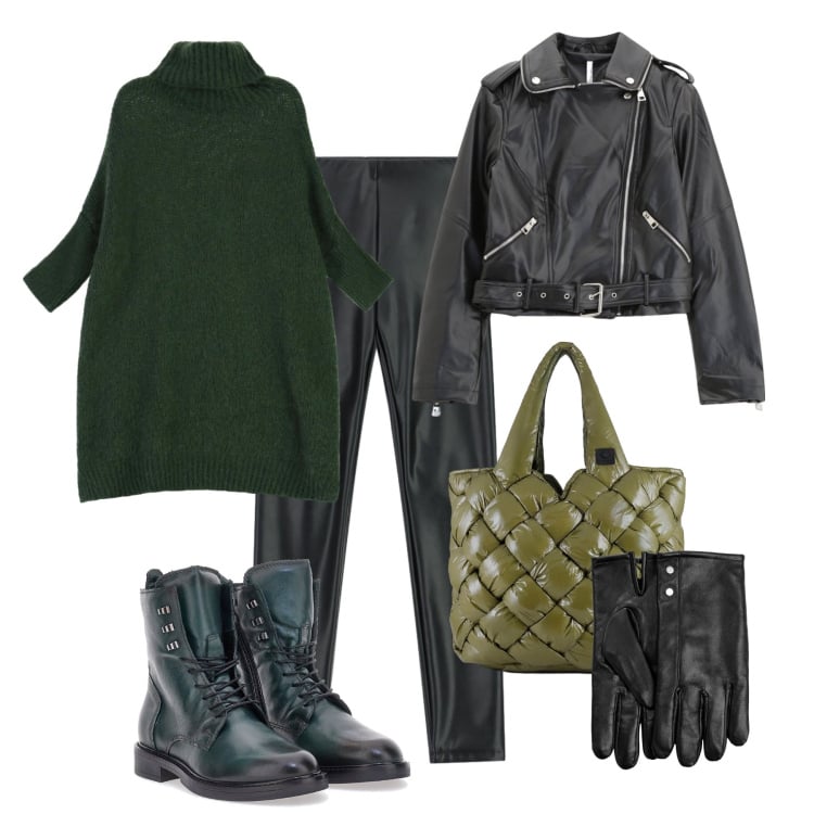 Outfit donna - Verde bosco rock. Stile Rock per Tutti i giorni. Abbinamento con guanti, maglieria, pantaloni skinny, giacche, borse tote, anfibi.