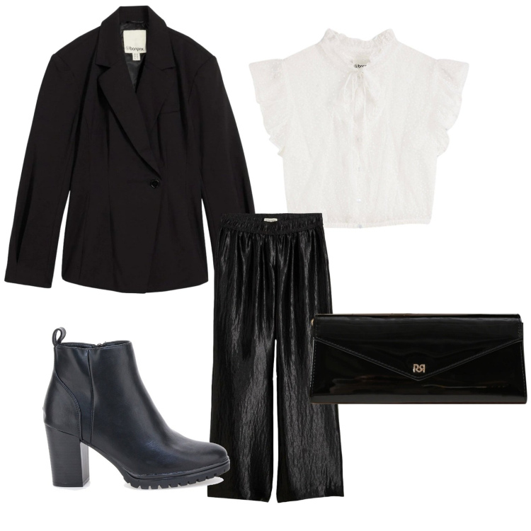 Outfit donna - Total look #2299125. Abbinamento con pantaloni a palazzo, camicie, blazer, pochette, stivaletti.