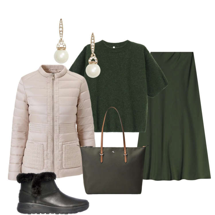 Outfit donna - Profondo e avvolgente. Stile Casual chic per Tutti i giorni. Abbinamento con piumini, gonne lunghe, maglieria, borse tote, orecchini, stivaletti.